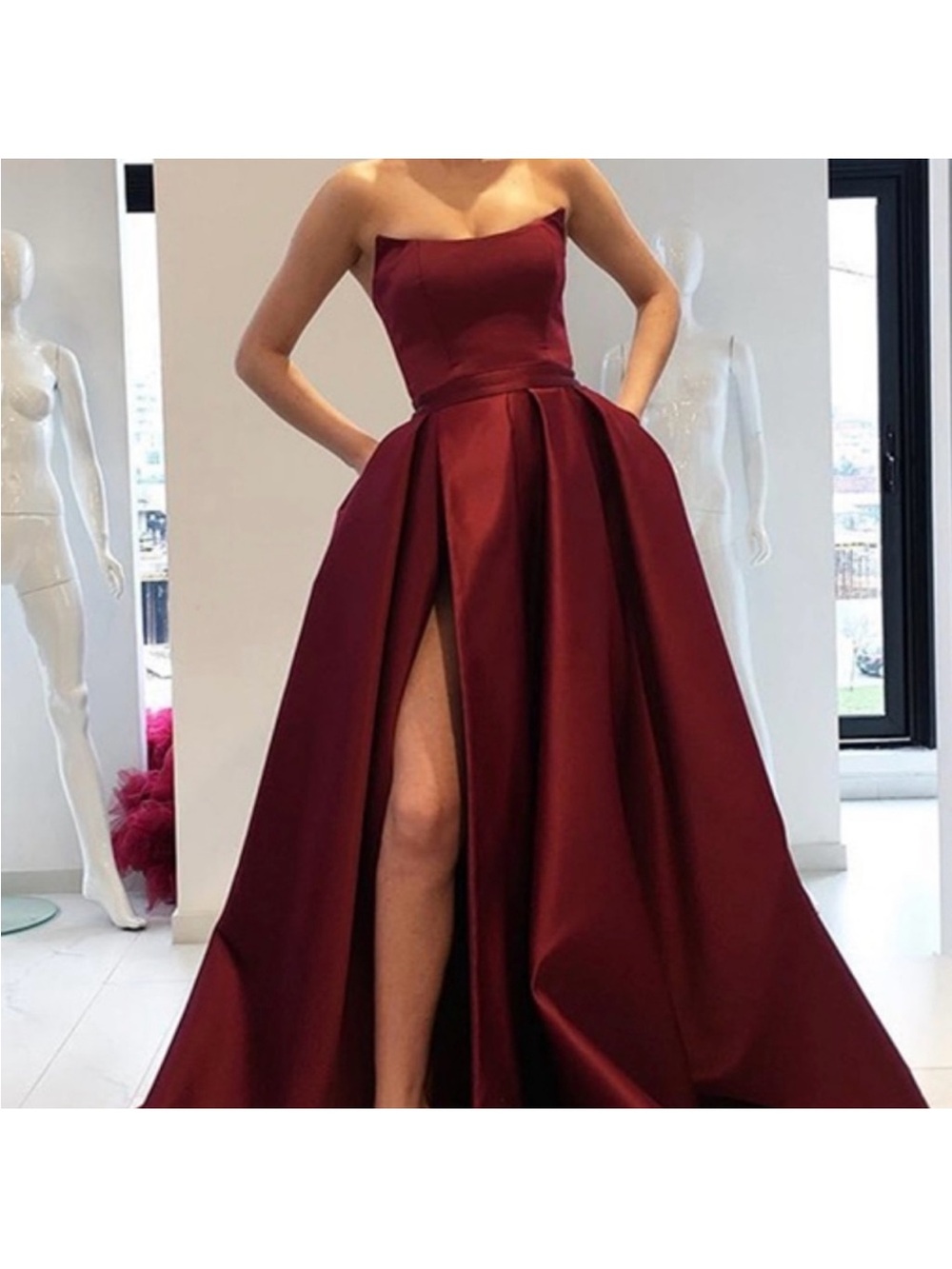 Stunning Burgundy Satin Ball Gown w/ High Slit & Pockets! - Picture 11 of 13